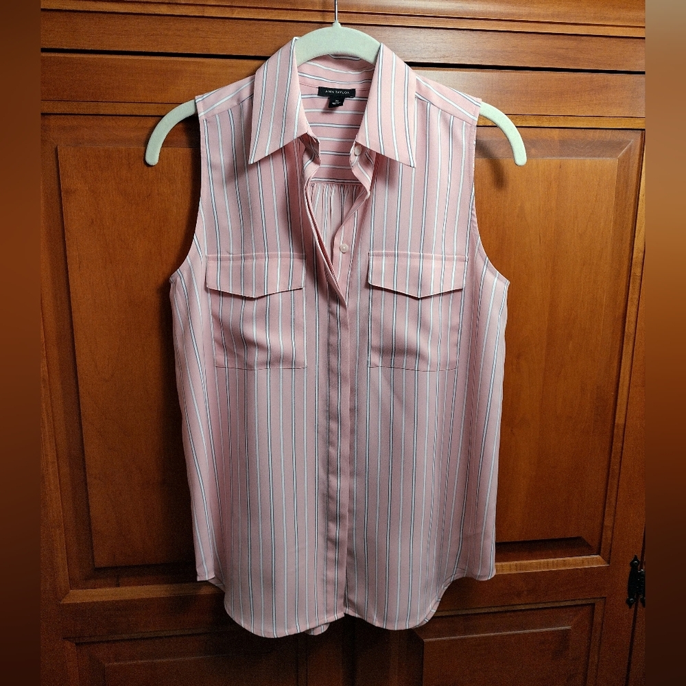 Ann Taylor Sleeveless Button Down Pink and White Striped Blouse XS